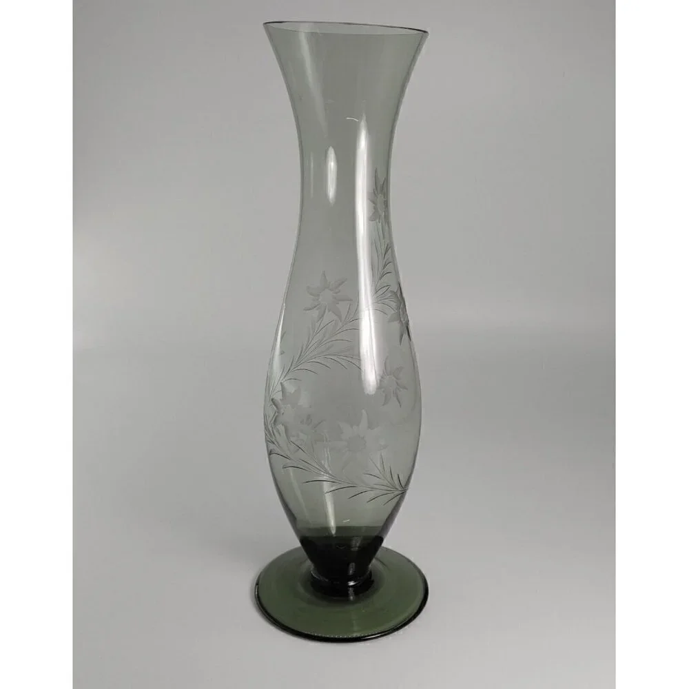 Vintage Floral Cut Glass Footed Clear Decorative Flared Bud Vase